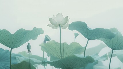 Wall Mural - Green lotus and lotus leaves in the mist, natural scenery, mist, light green, natural romantic color background, wallpaper