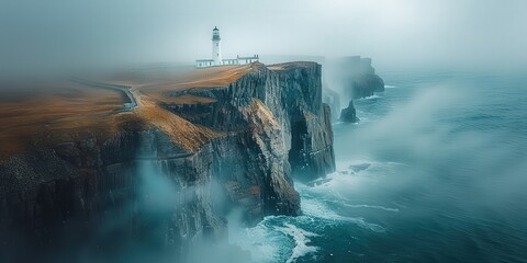 Wall Mural - Lighthouse on Cliffside with Misty Ocean
