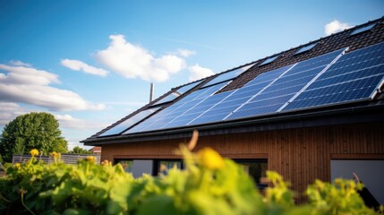 Eco-Friendly Modern House with Solar Panels in Picturesque Countryside Setting on Bright Afternoon