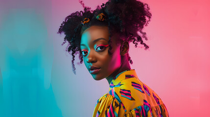 Wall Mural - Beautiful african american woman with afro pigtails hairstyle and stylish clothes  Portrait of young black girl in studio creative colorful lighting technique on colored background in  : Generative AI