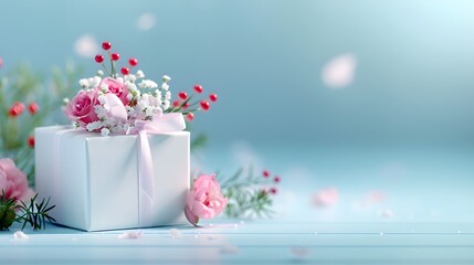 Wall Mural - A heart-shaped gift box tied with a ribbon and decorated with flowers, against a soft gradient background with room for text on the left side. List of Art Media, Features empty space for text