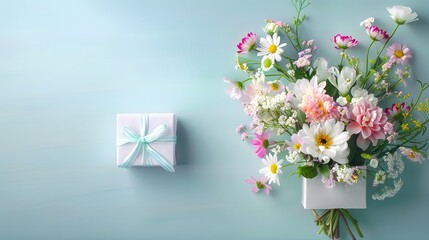 Wall Mural - A heart-shaped gift box brimming with assorted flowers, positioned on a smooth, pastel-colored background with space for text below. List of Art Media, Features empty space for text Photograph