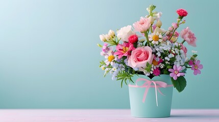 Wall Mural - A heart-shaped gift box brimming with assorted flowers, positioned on a smooth, pastel-colored background with space for text below. List of Art Media, Features empty space for text Photograph