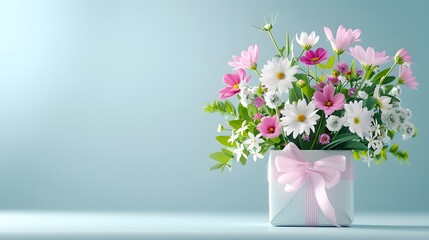 Wall Mural - A heart-shaped gift box brimming with assorted flowers, positioned on a smooth, pastel-colored background with space for text below. List of Art Media, Features empty space for text Photograph