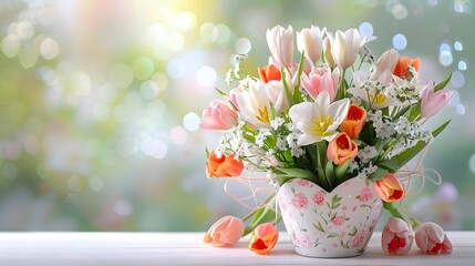 Wall Mural - A heart-shaped box overflowing with mixed flowers including tulips and lilies, with a soft focus background providing empty space for text. List of Art Media, Features empty space for text Photograph