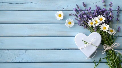 Wall Mural - Heart-shaped gift box with delicate daisies and lavender, positioned on a rustic wooden surface with empty space above for text. List of Art Media, Features empty space for text Photograph inspired