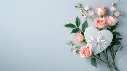 Wall Mural - A beautiful heart-shaped gift box adorned with fresh, vibrant roses placed on a white background. Features empty space for text. List of Art Media, Features empty space for text Photograph inspired