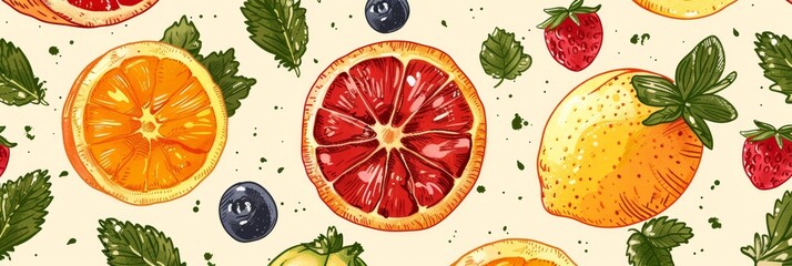 Wall Mural - Elegant Abstract Fruit Background With Citrus and Berries