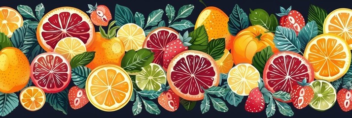 Colorful Fruit Background With Citrus and Strawberries