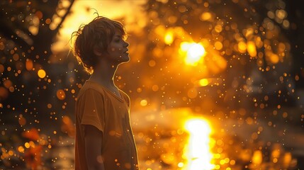 Wall Mural - A young boy standing in the rain.