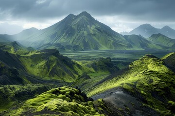 Wall Mural - Green Mountains and Lush Landscape under Dramatic Clouds