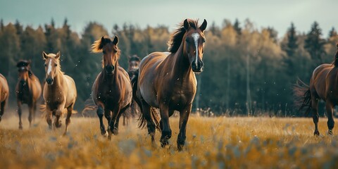 horse in the field, Wild Horses Running in Field A group of wild horses running freely in a field, captured in a dynamic full-body shot, showcasing their powerful build and natural beauty. 