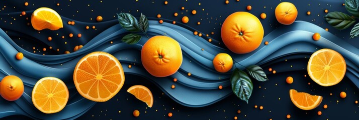 Wall Mural - Abstract Orange Fruit Background With Blue Swirls