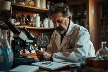 Poster - At night, a scientist in a lab coat analyzes data and conducts research in a dimly lit lab environment AIG58