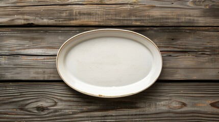 Canvas Print - Empty oval plate on wooden surface seen from above with space for text