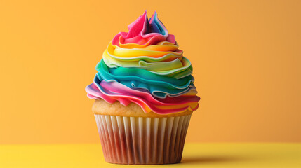 Wall Mural - Colorful cupcake with rainbow frosting on a yellow background.