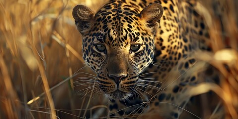 Wall Mural - Leopard in Savannah A stealthy leopard crouching in the tall grasses of the savannah, captured in a full-body shot, highlighting its powerful muscles and intense focus. 