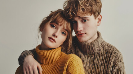 young and stylish couple in autumnal outfits posing isolated on grey : Generative AI