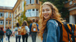 © Dirk - copy space, stockphoto, high school Girl and friends with backpack going to school, schoolbuilding in the background. Back to school theme.