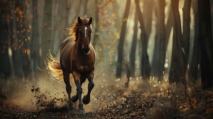 Canvas Print - Beautiful horse making a turn while running in a forest