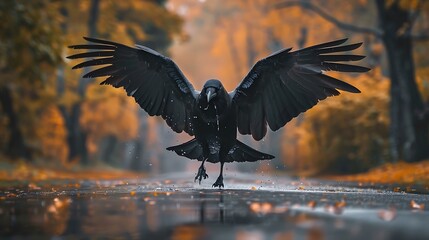 Wall Mural - beautiful landing of black city raven with wide open wings on wet road in rainy autumn day