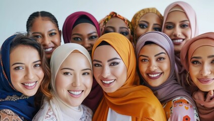 Wall Mural - Diverse women in colorful hijabs smiling together