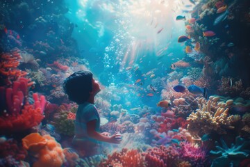 Wall Mural - Children diving in the ocean with fantasy underwater view surrounded with vibrant color from coral and fish swimming around. Attractive elementary student exploring the world under the sea. AIG42.