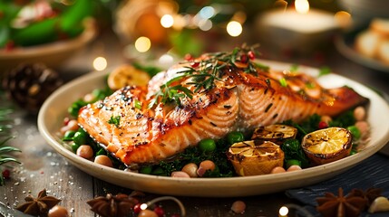 Christmas dinner with salmon and side dishes