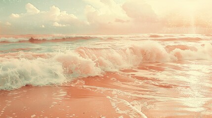 Wall Mural - Beach scene with ocean waves sandy texture and vintage pink hue Chill ambiance