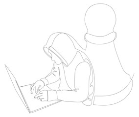 Poster - One continuous line of Hacker with laptop and chess pawn. Thin Line Illustration vector concept. Contour Drawing Creative ideas.