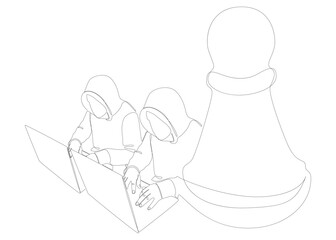 Poster - One continuous line of Hacker with laptop and chess pawn. Thin Line Illustration vector concept. Contour Drawing Creative ideas.