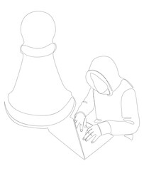 Poster - One continuous line of Hacker with laptop and chess pawn. Thin Line Illustration vector concept. Contour Drawing Creative ideas.