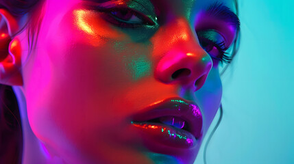 Wall Mural - Beauty high fashion model girl in colorful bright neon lights posing in studio Portrait of beautiful woman in UV Art design colorful make up On colourful vivid glowing background art d : Generative AI