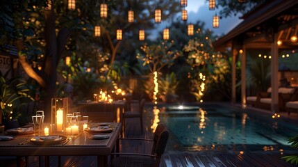 Wall Mural - Elegant outdoor dining setup with lit candles and hanging lanterns by a serene poolside in the evening ambiance 