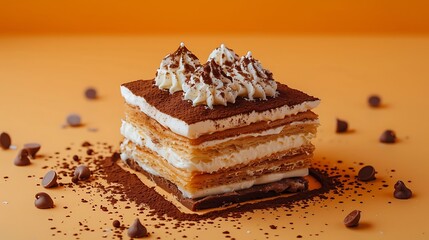 Wall Mural - Delicious mille feuille dessert with chocolate cream isolated on orange background