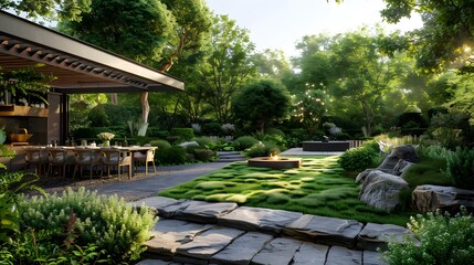 Wall Mural - Lush green backyard garden with modern outdoor furniture and landscaping under the sunlight 