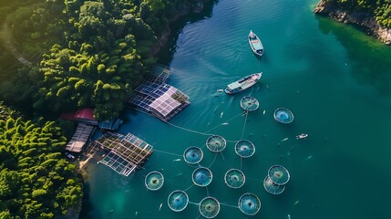 Wall Mural - Drone view fish farms in the sea