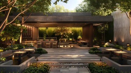 Wall Mural - Elegant outdoor patio design with lush greenery and modern furniture at dusk 