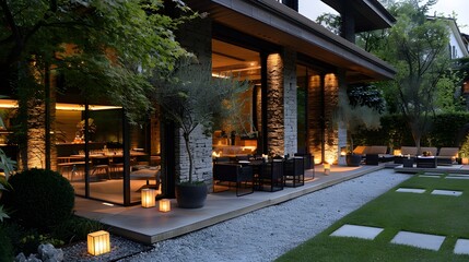 Wall Mural - Modern house exterior with illuminated garden at dusk, perfect for real estate promotions 