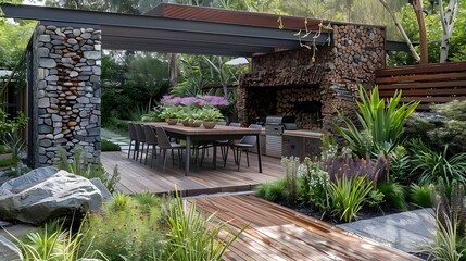 Wall Mural - A modern outdoor patio space with dining area and stone fireplace surrounded by lush greenery and wood elements. 