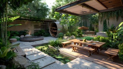Wall Mural - Serene garden patio with modern wooden furniture and lush greenery, invoking a tranquil outdoor living space perfect for relaxation and entertainment. 