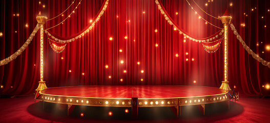 Poster -  Circus stage podium background 3D carnival light red show curtain. Circus platform stage podium tent theater arena sign vintage spotlight circle stand bulb ringmaster ring cirque cartoon party cinema