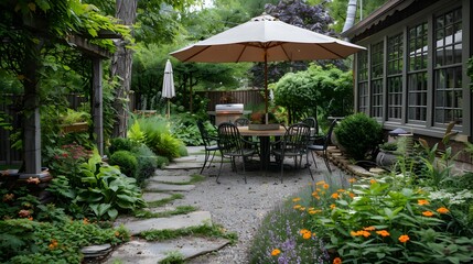 Wall Mural - A serene backyard garden featuring a dining set under a large umbrella surrounded by lush greenery and vibrant flowers. 
