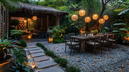 Wall Mural - A cozy and inviting outdoor dining area with glowing lanterns nestled in lush greenery at twilight. 