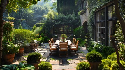 Wall Mural - Tranquil garden patio setup with comfortable seating and lush greenery in a serene environment.