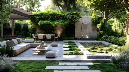 Wall Mural - An elegant outdoor living space with stylish furniture and a beautifully landscaped garden exudes tranquility and luxury. 