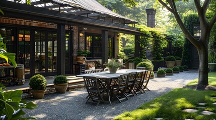 Wall Mural - A tranquil outdoor dining area in a lush garden with elegant table setup and a modern conservatory-style extension in the background. 