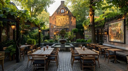 Wall Mural - An idyllic outdoor restaurant patio with wooden furniture and a tranquil fountain nestled among lush greenery at dusk. 