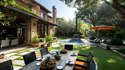 Wall Mural - Luxurious backyard patio with a pool and dining area during a sunny day, offering a perfect setting for relaxation and entertainment 
