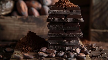 Wall Mural - Front view of some dark chocolate bars cocoa powder cocoa seeds and cocoa pods on a dark brown wooden plank